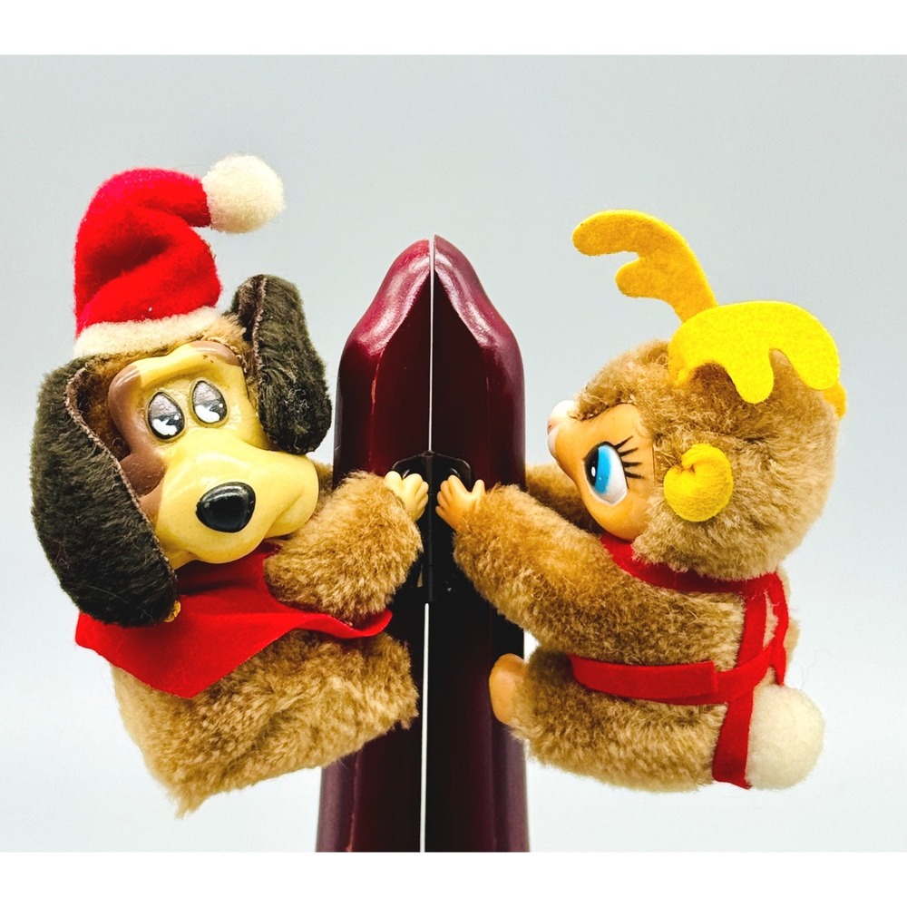 Clip On Pencil Hugger Plush Brown Christmas Dog and Reindeer Set pf 2 1980s